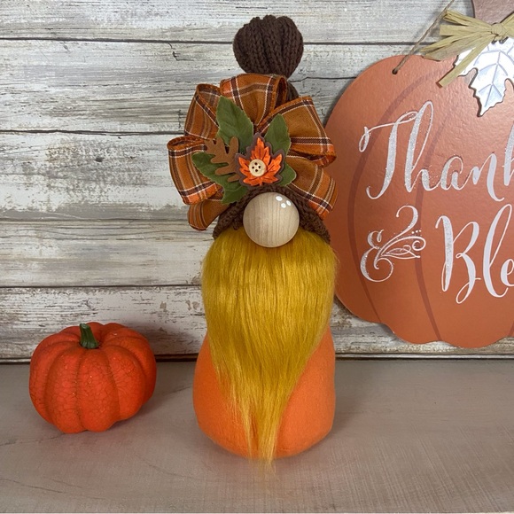 Handmade Gnome Fall Harvest Autumn Farmhouse Home Decor Plaid Bow Sweater Hat - Picture 1 of 11